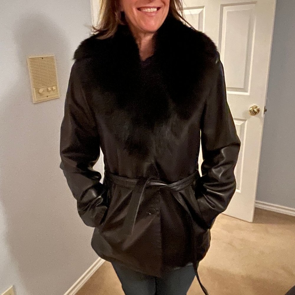 Andrew Marc Black Fox Fur Leather coat